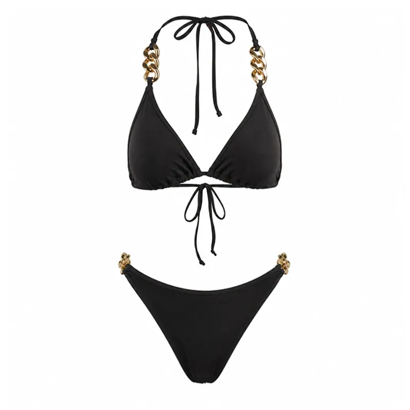 مایو بیکینی دوتیکه زنانه کاپدار مدل اسلیپ با تزیین زنجیر طلایی سایز L