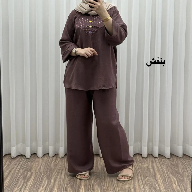 ست بلوز شلوار گلدوزی آلنا فری سایز تا 50 جنس صوفیا چهارفصل شیک راحت بدون آبرفت و رنگ رفت
