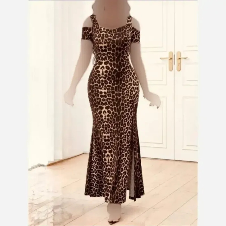 ماکسی پلنگی سرشانه باز جنس فلامنت فری سایز