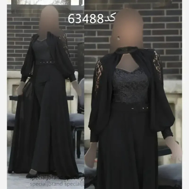 سرهمی سه تیکه مجلسی گیسو مشکی دانتل برجسته و غواصی و کرپ حریر سایز 44 و 46