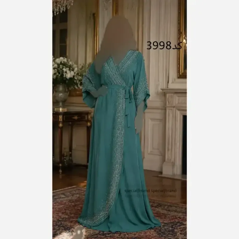 ماکسی مجلسی حریر سنگکاری شده قد 150 کمربنددار رنگ مشکی و سبز روشن سایز بزرگ