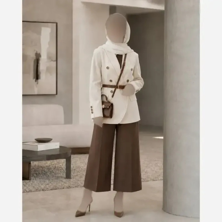 کت و شلوار زنانه کرپ مازراتی رنگ قهوه ای مدل مارال