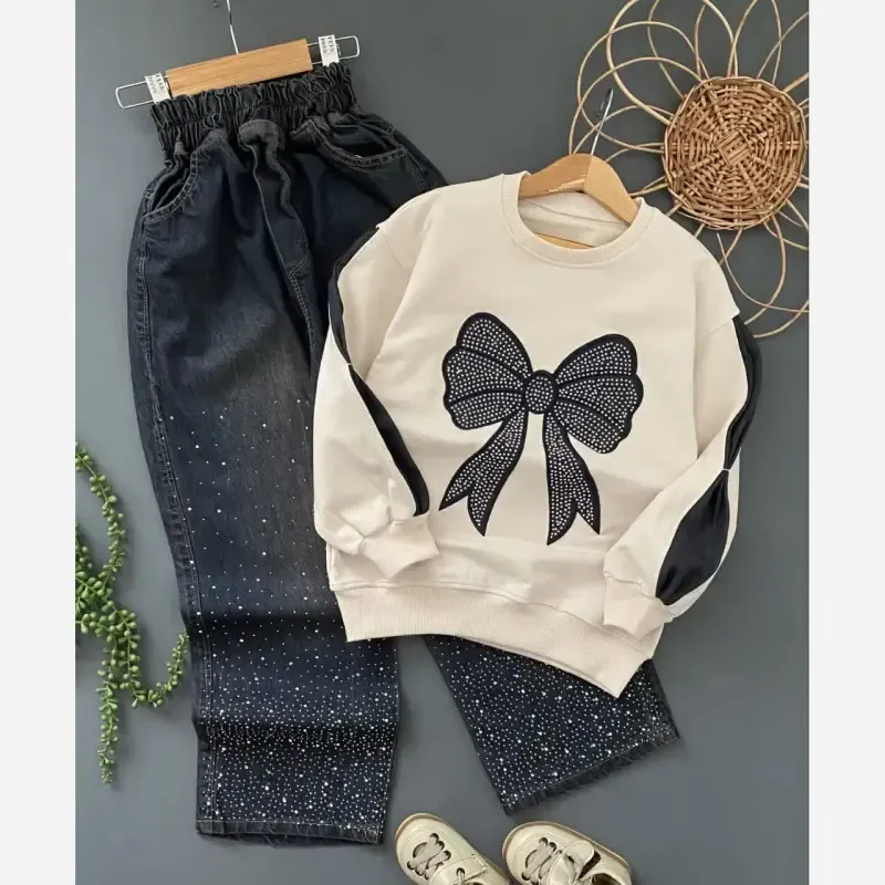 ست بلوز و شلوار لی دخترانه دورس پنبه مدل پاپیون نگین دار سایز 50 تا 70