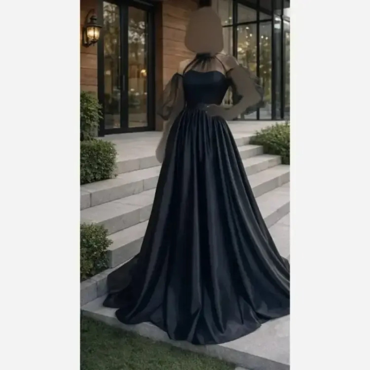 ماکسی مجلسی زنانه ساتن آمریکایی و تور ارگانزا مشکی سایز 36 تا 48