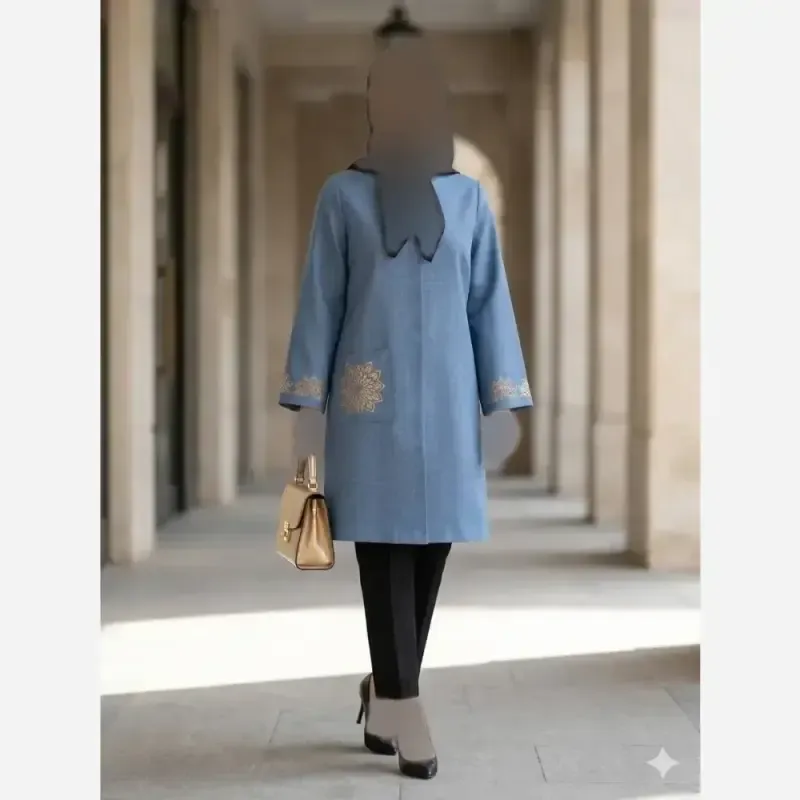 مانتو گلدوزی شده مدل خورشید جنس شانتون اسلپ درجه یک