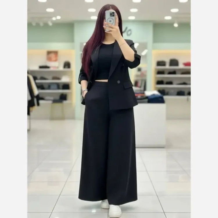 ست کت و شلوار پاییزه زنانه جنس سوپر مازراتی اعلا فری سایز رنگ مشکی و دودی